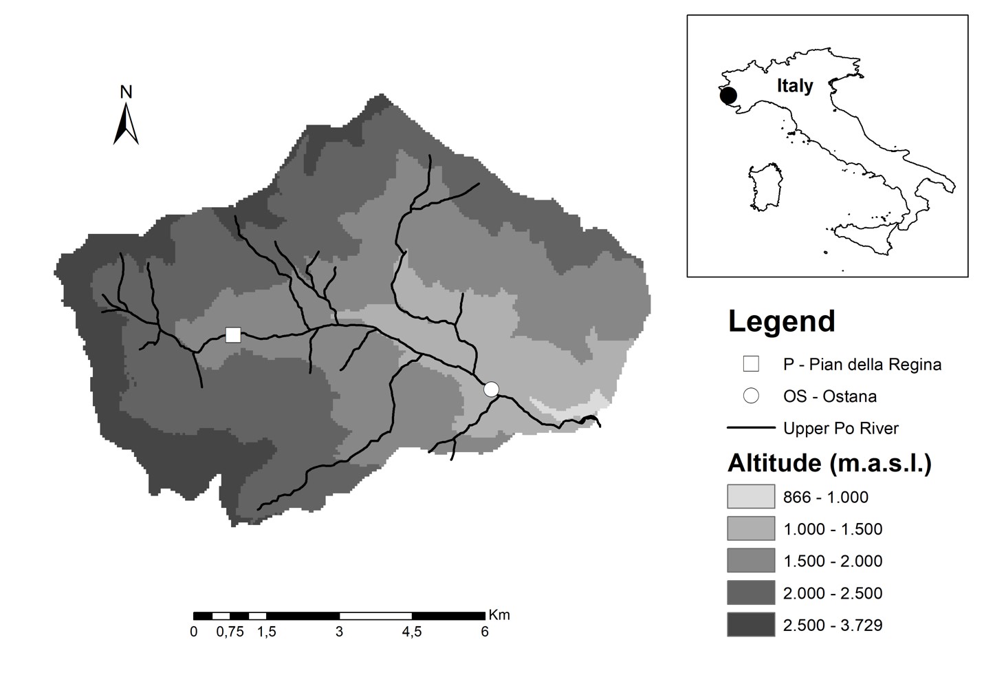 Locations of sample sites within the Upper Po river